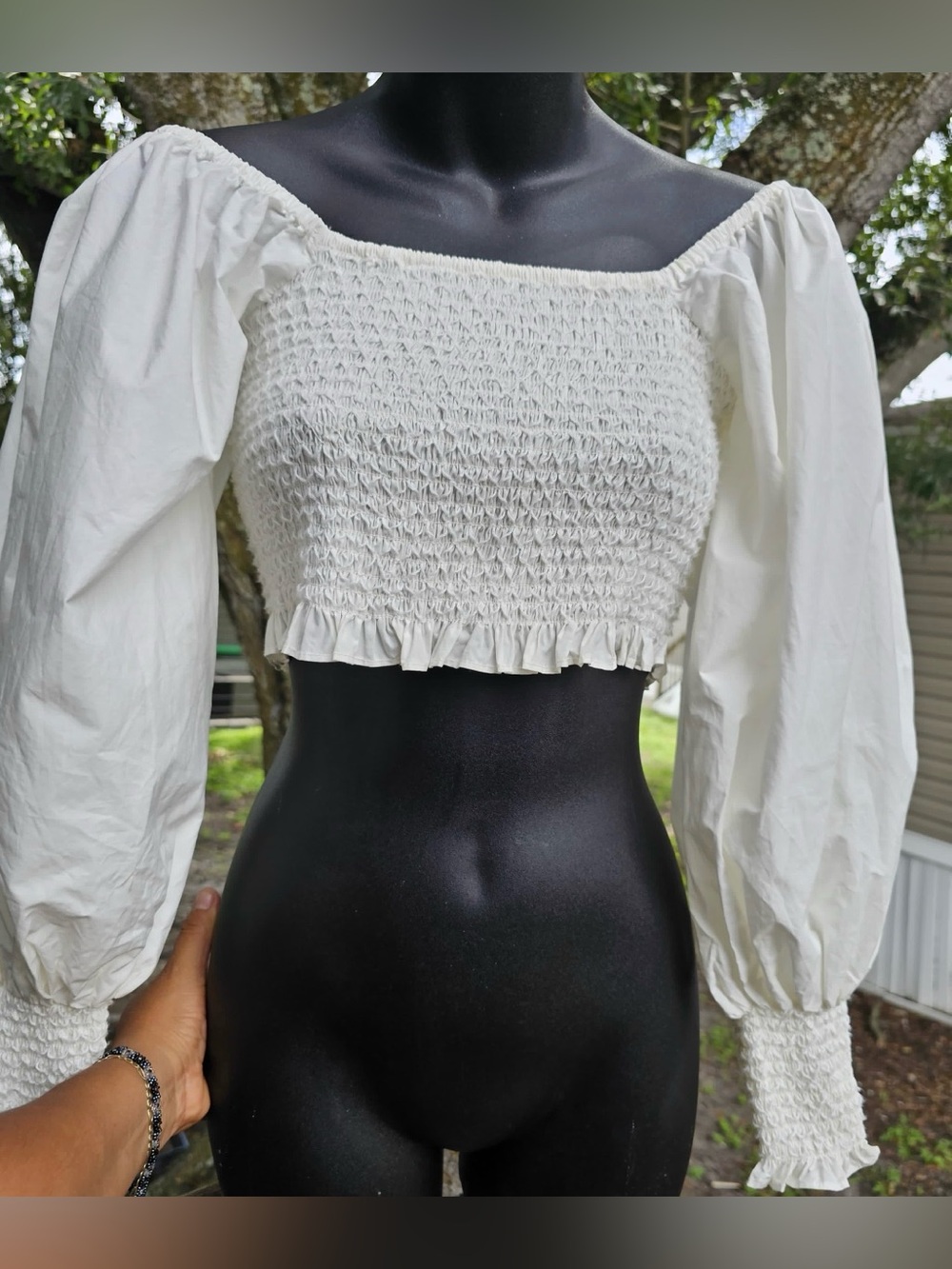 Farm Rio White Smocked Puff Sleeve Crop Top Size S - Picture 7 of 16